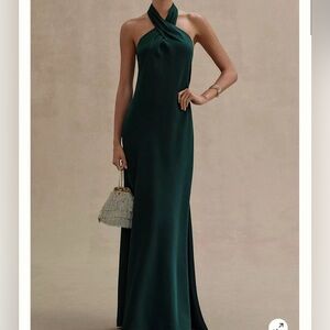 BHLDN Ruby Twist Satin Halter Gown in Emerald Green - TAILORED TO MIDI LENGTH